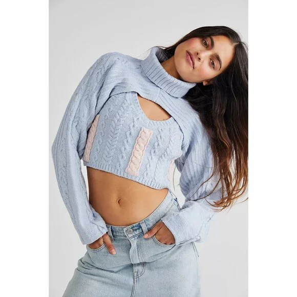 For Love & Lemons Blue & Pink Cable Knit 2-Piece Set Cropped Tank & Shrug XS/S - Picture 1 of 16